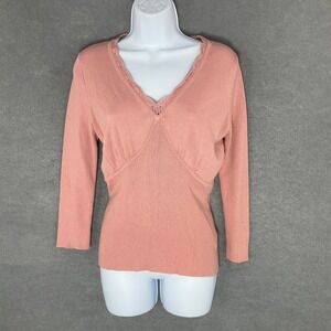 Nine & Co. by Nine West Knit Top Sz M Blush Pink V-Neck Babydoll‎ Lace Trim
